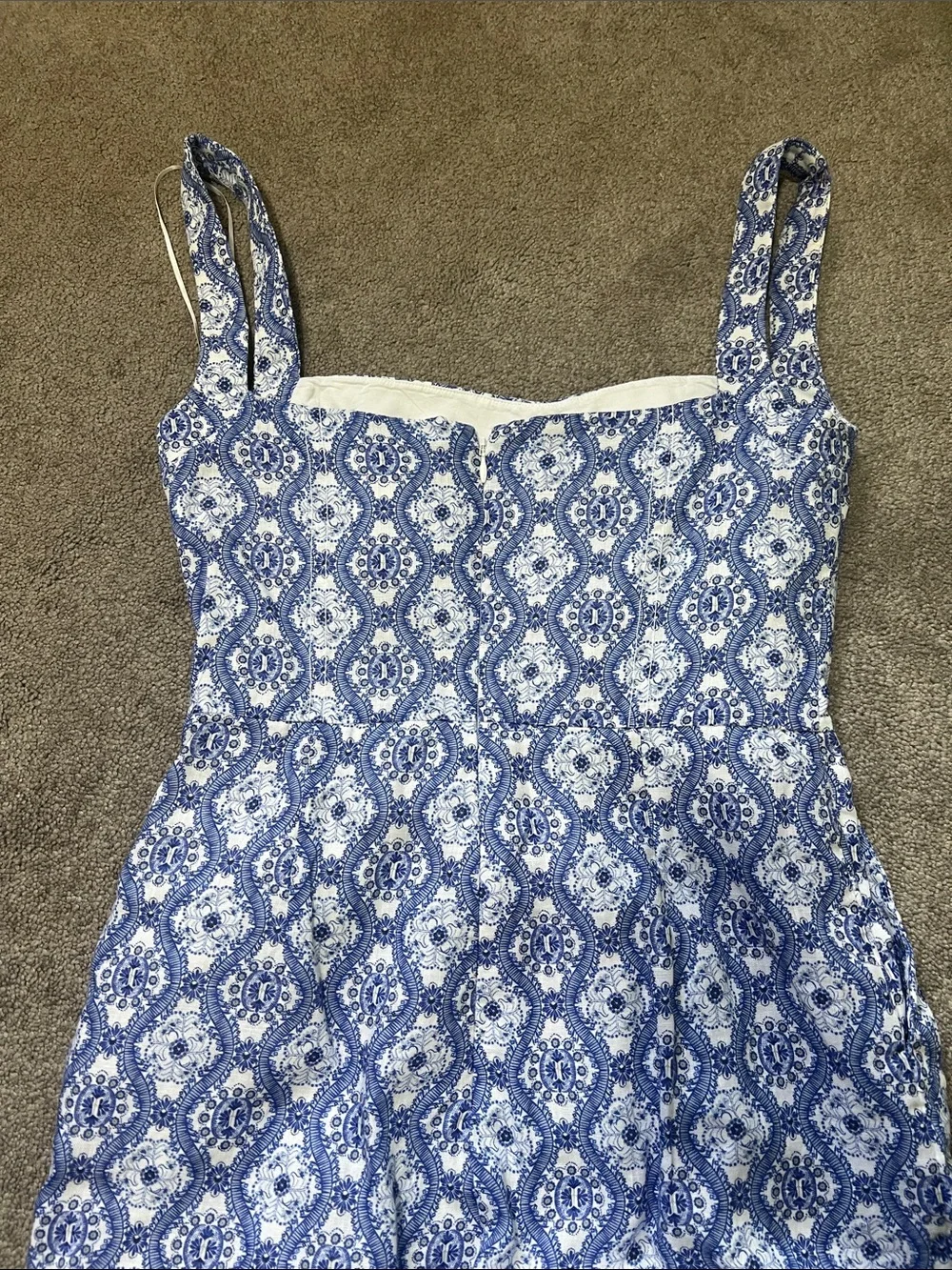 Saloni Rachel Jumpsuit Blue White Floral Lace Print Linen Size 6 Wide Leg‎ Chic